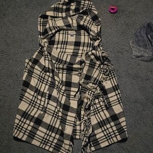 Black and White Plaid Hooded Fringed Vest From The Buckle